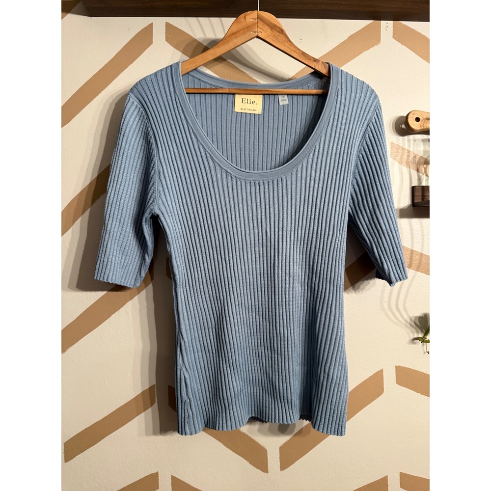 Elie Elie Tahari Ribbed Knit Top Womens Large Blue Scoop Neck Short Sleeve